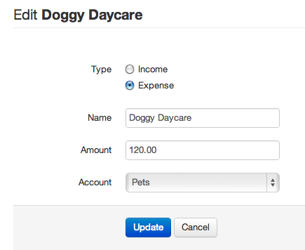 Screen shot showing the Account drop down while editing a cash flow